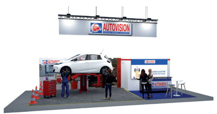 schéma 3D du contrôle technique d'un véhicule dans un garage autovision